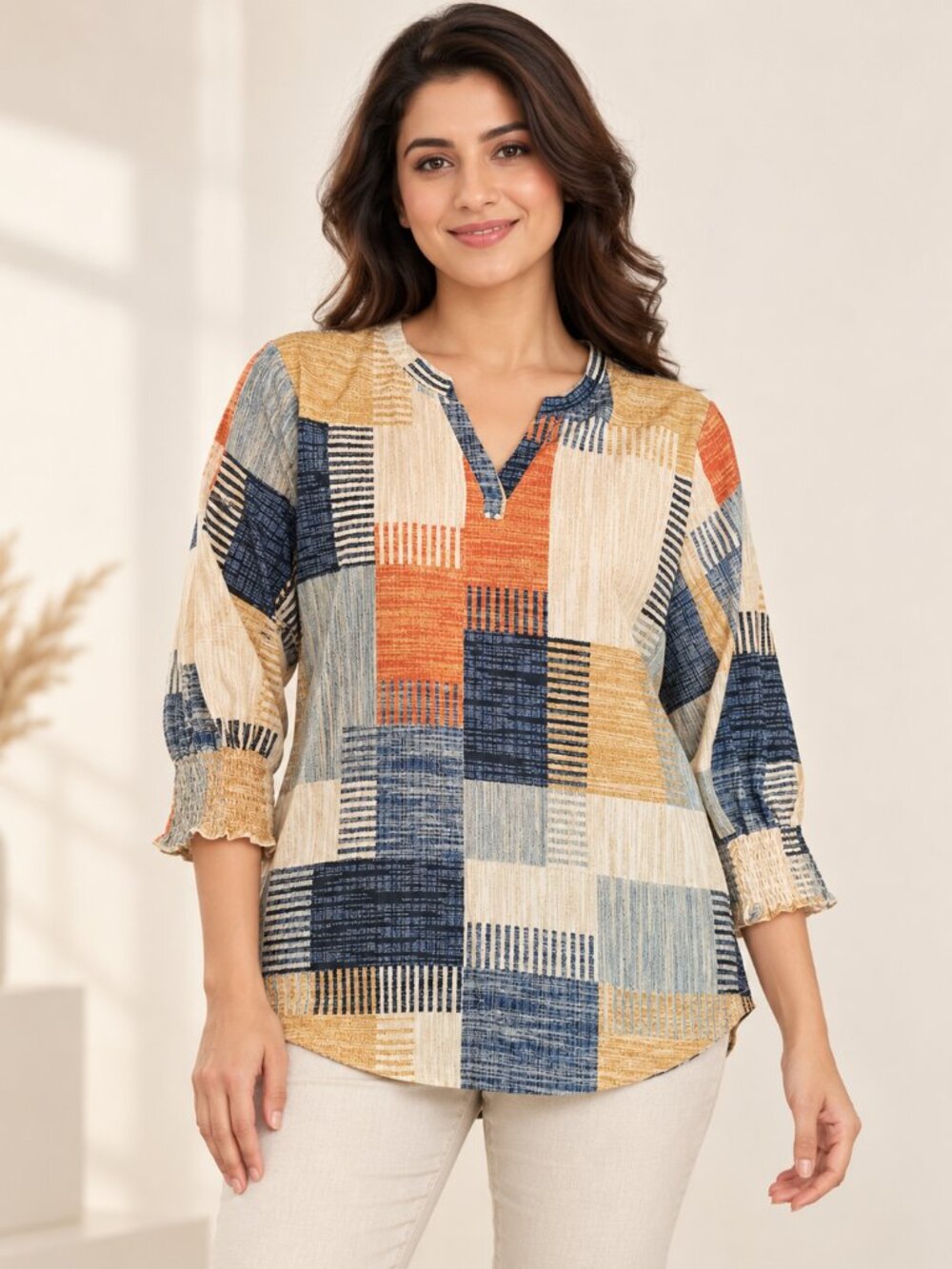 LOMON Multicolor Patchwork Blouse XL NWT 3/4 Sleeve